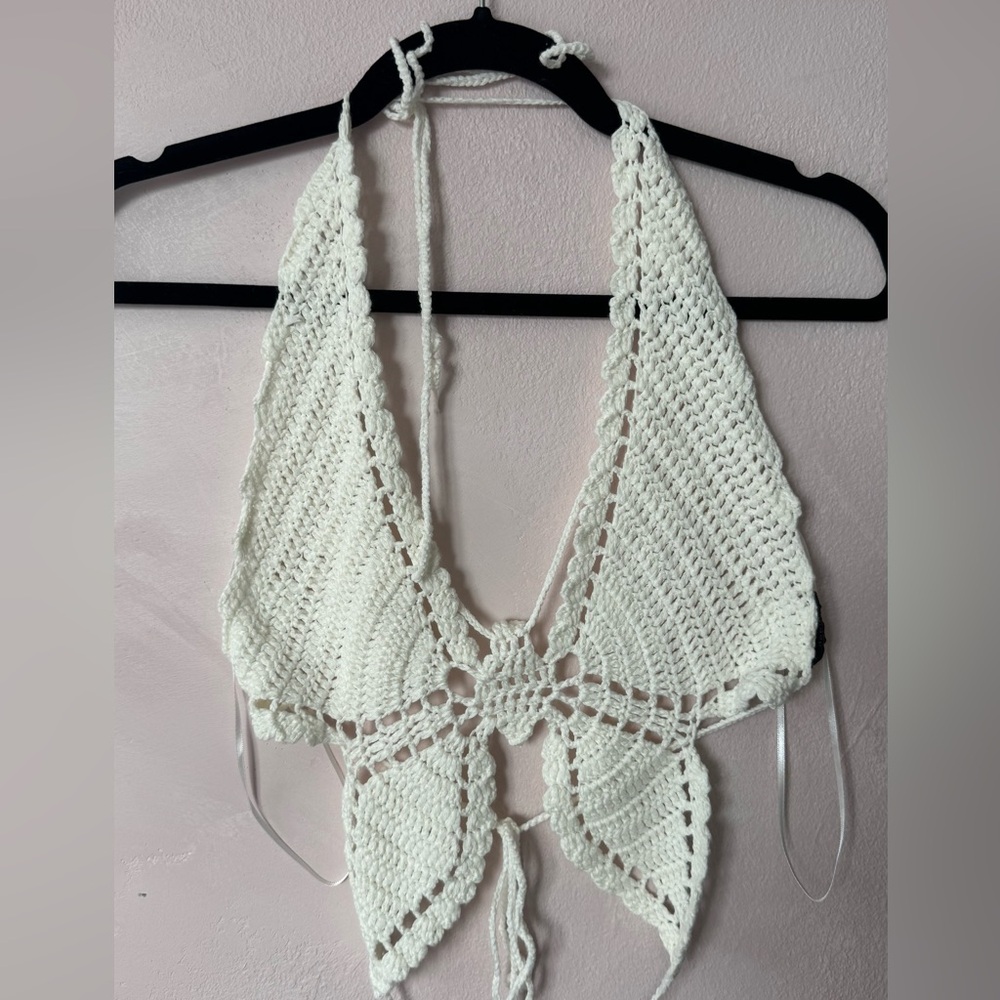 Frankie Phoenix White Crochet Butterfly Halter Top